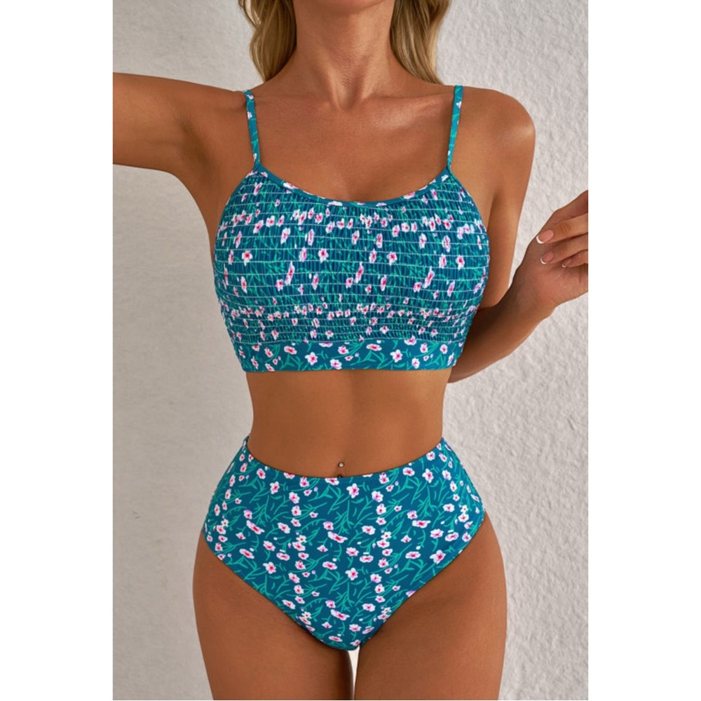 3 Pack Floral Blue Print Smocked Bikini Set